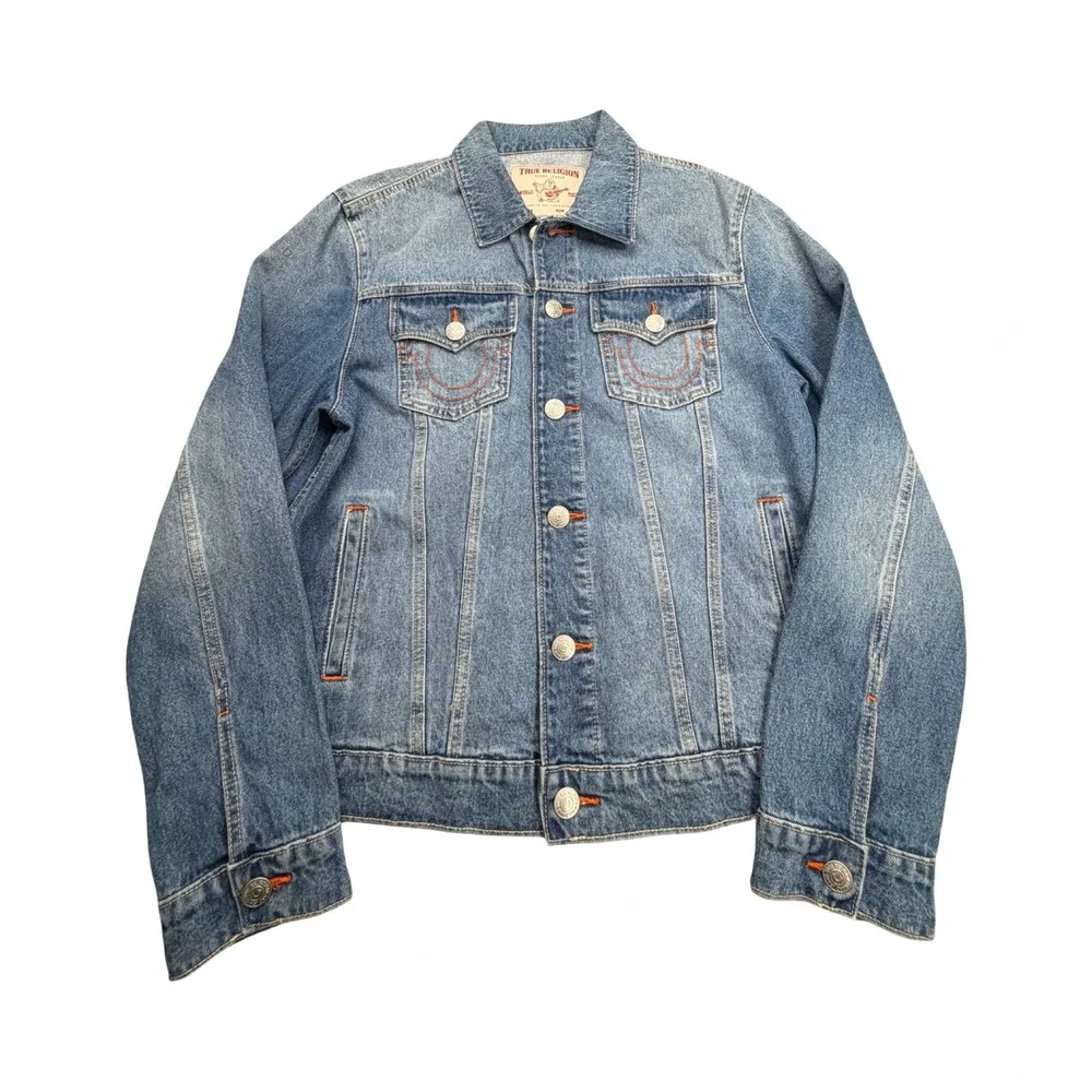 True Religion Denim Jacket Mens Medium Blue World Tour Trucker Horseshoe Stitch